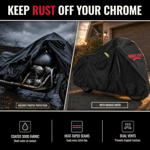 Image of Badass Moto Gear All Wx Motorcycle Cover - Night Reflective Safety Stripes - Waterproof - Heat Shields - Windshield Liner - Vents - Motorcycle Lock Pocket - Fits Large Cruisers & Touring Bikes. LARGE