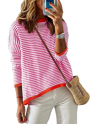 Image of Womens Striped Lightweight Cotton Sweaters Long Sleeve Crew Neck Color Block Casual Knitted Pullover Tops
