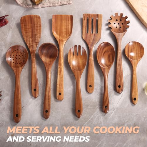 9-Piece Teak Wood Kitchen Utensil Set, Wooden Spoons for Cooking, Wooden Utensils for Cooking by AIUHI - Image 6
