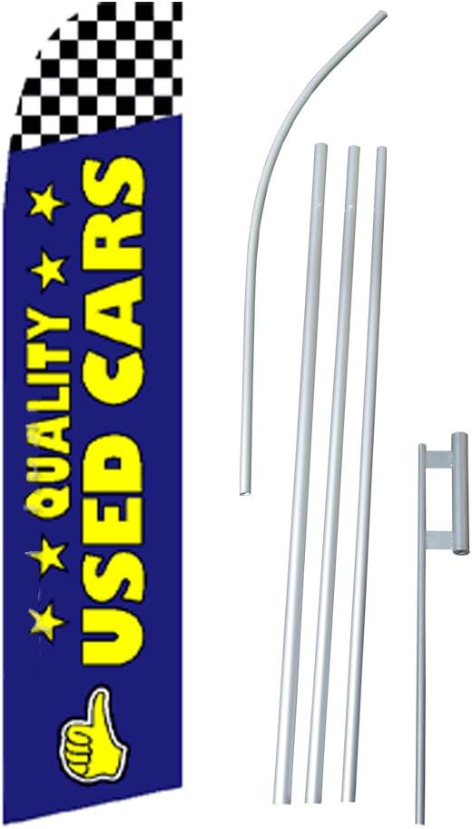NEOPlex - "Quality Used Cars" Complete Flag Kit - Includes 12' Swooper Feather Business Flag With 15-foot Anodized Aluminum Flagpole AND Ground Spike