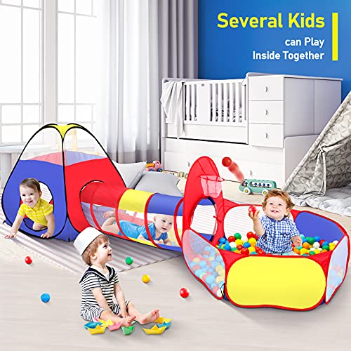 PigPigPen 3 in 1 Kids Play Tent with Play Tunnel, Ball Pit, Basketball Hoop for Boys & Girls, Toddler Pop Up Playhouse Toy for Baby Indoor/Outdoor, Gift for Year Old Child (Colorful 3pc Play Tent) - Thumbnail 2
