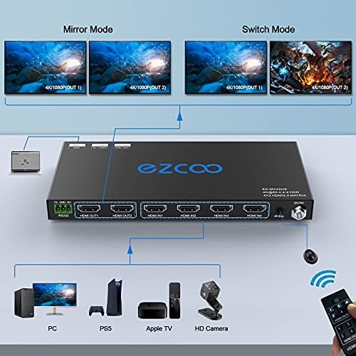 HDMI Matrix 4x2 4K 60Hz 4:4:4 HDR D-o-l-b-y Vision D-o-l-b-y Atmos EDID Scaler Switch- HDMI Scale 4K 1080P Firmware Upgrade HDCP 2.2 HDMI 2.0 Matrix 4 in 2 Out 18Gbps RS232 IR Ext Remote,Slim MX42HS