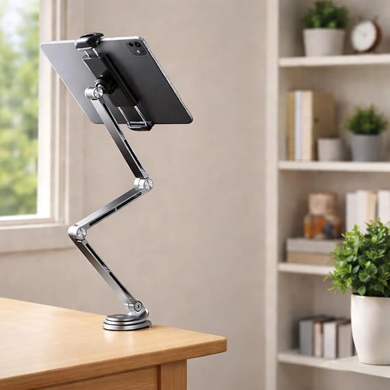 Coverzone Profesyonel Ayarlanabilir Tablet & Telefon Standı, 360° Döner Kantilever Braket, Premium Alüminyum, 4.7-12.9 Cihazlar İçin - Telefon ve Tabletler İçin Masa Montaj Kelepçesi | T01 Flat