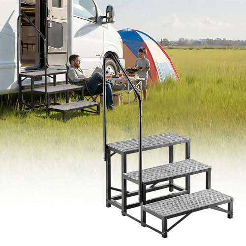 VEVOR RV Steps with Handrail 3 Steps 660 lbs Load Capacity Heavy Duty Outdoor RV Stairs with Non-Slip Mat for Elderly and Pets Portable Stairs for Hot Tub Camper Mobile Home Porch Pool SPA