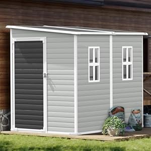 8x4x6 FT Resin Lean to Shed Waterproof Outdoor Storage Shed with Floor Window Lockable Door 2 Windows Tool Shed for Patio Garden Lawn Backyard Dove Grey