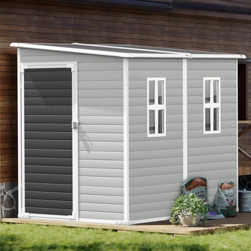 8x4x6ftresinleantoshedwaterproofoutdoorstorageshedwithfloorwindowlockabledoor2windowstoolshedforpatiogardenlawnbackyarddovegrey Urban Country Home Decor 8x4x6 ft resin lean to shed waterproof outdoor storage shed with floor window lockable door 2 windows tool shed for patio garden lawn backyard dove grey urban country home decor