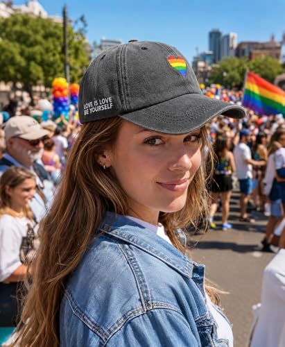 Image of LGBT Pride Baseball Hat, Embroidered Rainbow Heart Hat, Adjustable Gay Lesbian Love Cap for Men Women