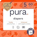 Pura Size 5 Eco-Friendly Diapers (24-35 lbs) Totally Chlorine Free (TCF) Hypoallergenic, Soft Organic Cotton, up to 12 Hours Leak Protection, Allergy UK, 3 Packs of 20 (60 Count)