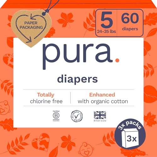 Image of Pura Size 5 Eco-Friendly Diapers (24-35 lbs) Totally Chlorine Free (TCF) Hypoallergenic, Soft Organic Cotton, up to 12 Hours Leak Protection, Allergy UK, 3 Packs of 20 (60 Count)