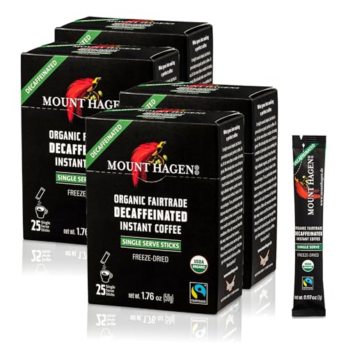 Image of Mount Hagen 25 Count Single Serve Instant Decaf Coffee Packets - 4 Pack | Decaffeinated Organic Medium Roast Arabica Beans | Eco-friendly, Fair-Trade [4 x 25 sticks /1.76oz /50g]