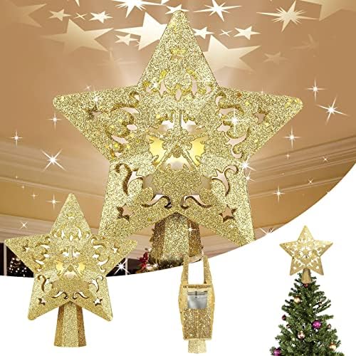 Christmas Tree Topper, Lighted Snow Tree Topper with LED Rotating star effect, 3D Glitter Snowflake Decorations Projector for Indoor Outdoor Christma Tree Decor Decorations (Gold)