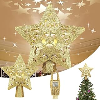 Christmas Tree Topper, Lighted Snow Tree Topper with LED Rotating star effect, 3D Glitter Snowflake Decorations Projector for Indoor Outdoor Christma Tree Decor Decorations (Gold)