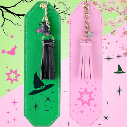 Skyygemm 2 Pcs Leather Witch Bookmark Set Print Witch Book Accessories Pink and Green Bookmark for Bookish Lover Gift Movie Musical Fans Gift Party Favors