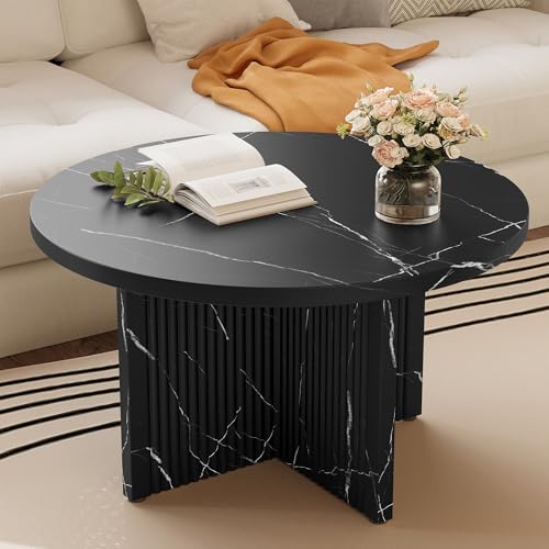 31.5" Round Coffee Table with Marble-Look Pattern Top, Modern Circular Table with Scalloped Fluted Base, Sturdy High-Density MDF Construction for Living Room (Black)