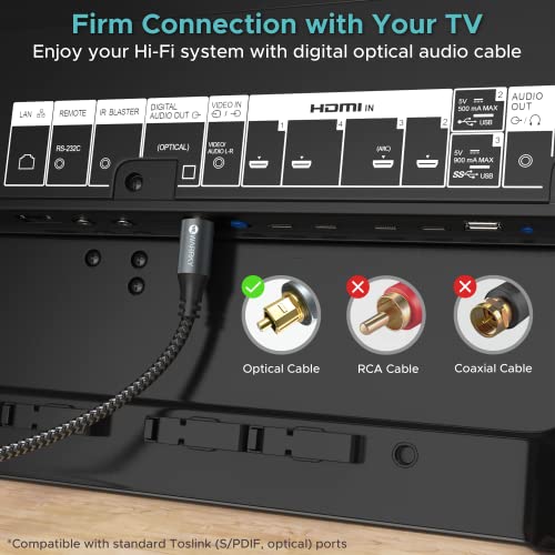Warrky Optical Audio Cable, 25ft Optical Cable [Braided, Slim Metal Case, Gold Plated Plug] Digital Audio Fiber Optic Cable Toslink, Compatible with Sound Bar, TV, Samsung, Vizio, Bose, LG, Sony - Thumbnail 5