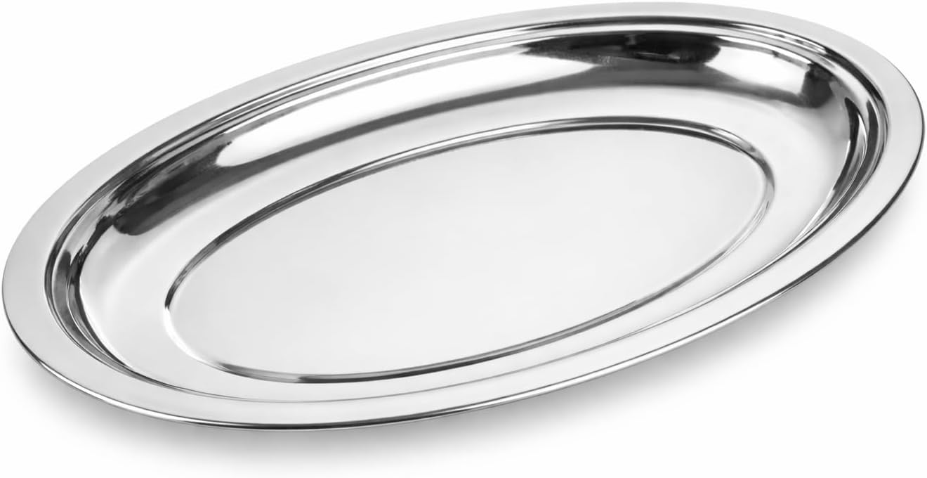 Chandler Stainless Steel Serving Tray 18 Inches | platters and trays for parties, Premium Oval Silver Platter for Serving Food, Party Trays, Turkey Platter
