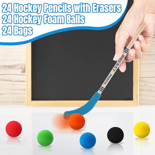 Noveread 72 Pcs Hockey Party Favors Include 24 Hockey Pencils with Erasers 24 Hockey Balls 24 Bags Hockey Stick Pencils Hockey Foam Balls Hockey Gifts for Birthday Party Prize