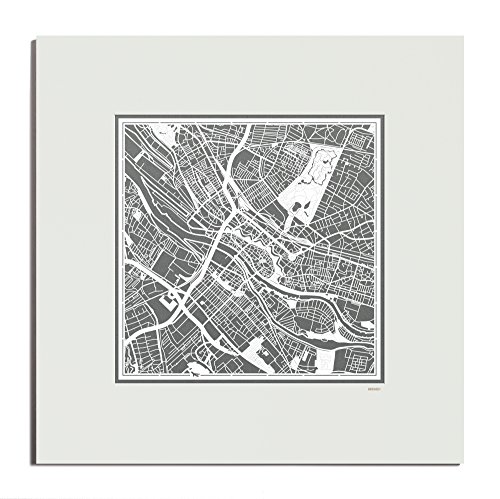 O3 Design Studio Bremen Paper Cut Map Matted Grey 20x20 in. Paper Art