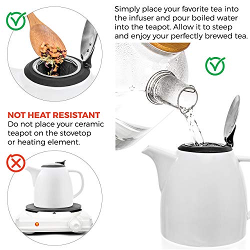 Tealyra - Drago Ceramic Teapot White - 37Oz (4-6 Cups) - Large Stylish Teapot With Stainless Steel Lid Extra-Fine Infuser To Brew Loose Leaf Tea - Leed-Free - 1100Ml #TOP4