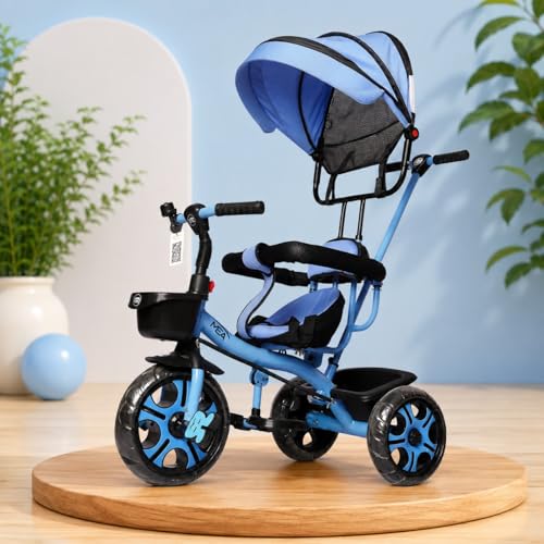 Image of MEA Kids Tricycle with Adjustable Canopy & Parent Push Handle | Safe Baby Trike with Safety Guard Rail, Comfortable Seat & Storage Basket | Play Ride-On Tricycle for Toddlers Boys & Girls - Blue