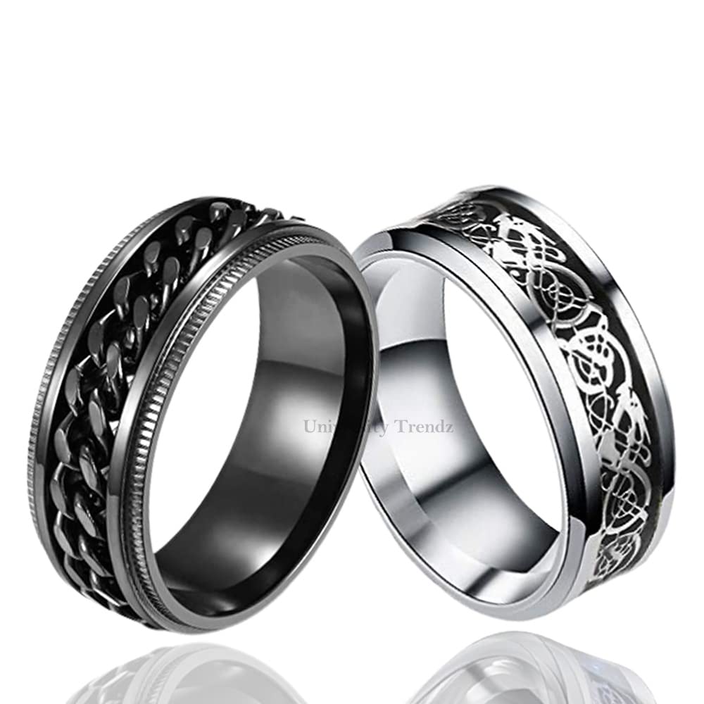 University TrendzStainess Steel Combo Pack of Black Spinner with Silver Dragon Ring for Mens and Boys
