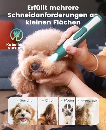 oneisall Pfotentrimmer für Hunde extra leise, Kabeloser Hundepfoten Trimmer mit LED-Licht, Wiederaufladbar Schermaschine Hund Hundeschermaschine für Pfoten, Augen, Ohren, Gesicht (Grün)