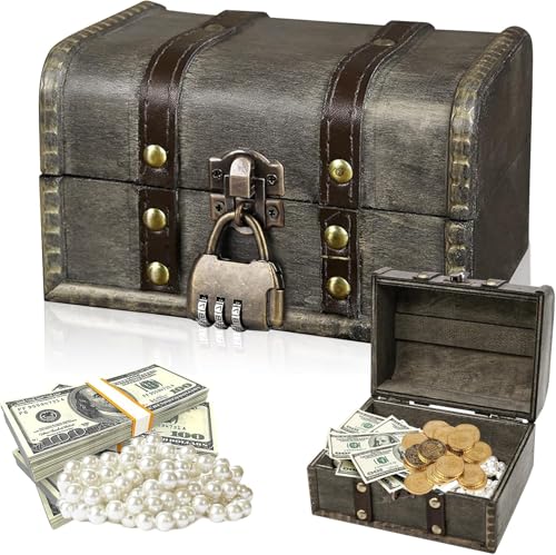 Mailfull Cofre del Tesoro de Madera Vintage 16 * 12 * 9.5 CM Cofre Pirata con Candado Numerico para Decoración y Almacenamiento (Gris)