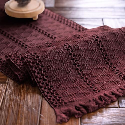 Weldomcor Christmas Table Runner Boho Red Table Runner with Tassels Hand Woven Cotton Table Cover Rustic Farmhouse Christmas Table Decoration for Bohemian Kitchen Dining Table 30 x 180 cm