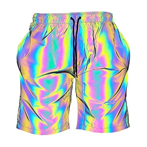 Akkad Kuti Men Reflective Shorts Fluorescent Night Jogger Casual Running Pockets Shorts with Drawstring, Rainbow Shorts, Medium Cover