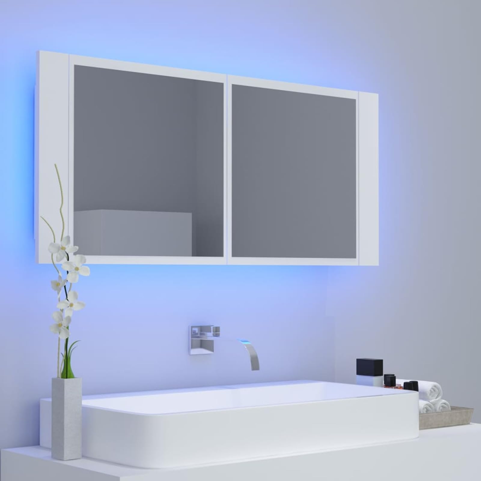 Gecheer LED-Bad-Spiegelschrank Weiß 100x12x45 cm Acryl, Deko Spiegel Bathroom Mirror für Badezimmer Make-up Rasur Wohnung Hotel804980