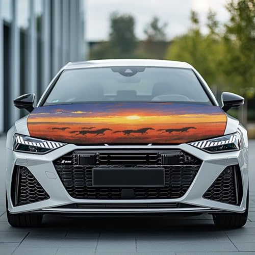 Image of Sunset Horse Car Hood Cover Slip-On Washable Elastic Weatherproof Fabric Elastic Band Fixation Fits Most Cars