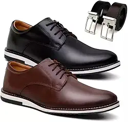 Kit 2 Pares Sapato Social Masculino Oxford Derby em Premium com Cinto Dupla Face, Estilo Confort