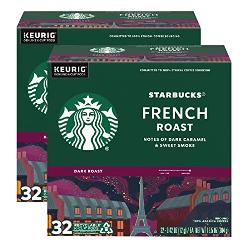 Image of Starbucks Coffee K-Cup Pods, French Roast, Dark Roast Coffee, Notes of Dark Caramel & Sweet Smoke, Keurig Genuine K-Cup Pods, 32 CT (Pack of 2)