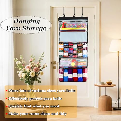 Image of Hanging Yarn Storage Organizer,Foldable Large Capacity Yarn Storage Bag for Crocheting with 5 Zipper Closure Compartments for Yarn Balls,Crochet＆Knitting Needle