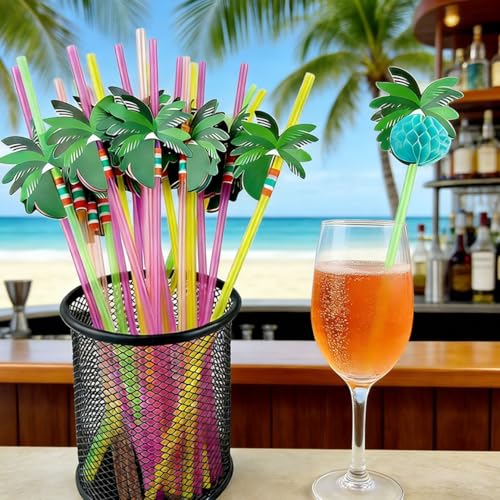 50 pitillos colores con diseño de árbol de coco miniatura 2