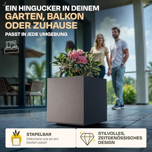 Ondis24 Pflanzkübel Vulkan Pierre 50, Blumentopf 50 x 50 cm, Garten Blumenkübel, Schiefer Optik Pflanzkübel mit Wasserspeicher, Pflanzenkasten hoch, Winterfest (Anthrazit)