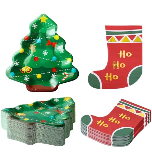 Winoo Design 100PCS Christmas Dessert Plates and Napkins Bulk - 50 PK - Small Tree Paper Plates Xmas Disposable Plates Stockings Napkins for Christmas Decorations Décor Party Supplies