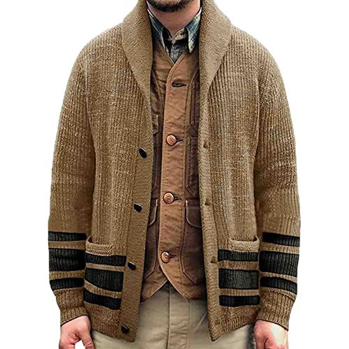 Mens Striped Cardigan Sweater Shawl Collar Cardigan Rib Knit Casual Button Down Long Sleeve Sweaters