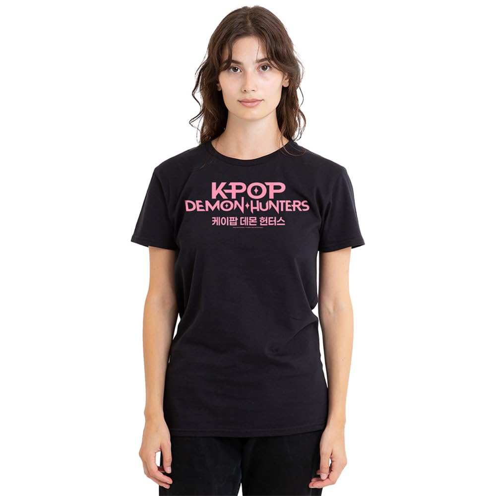 Kpop Demon Hunters Pink Logo Ladies T Shirt, Black, XX-Large