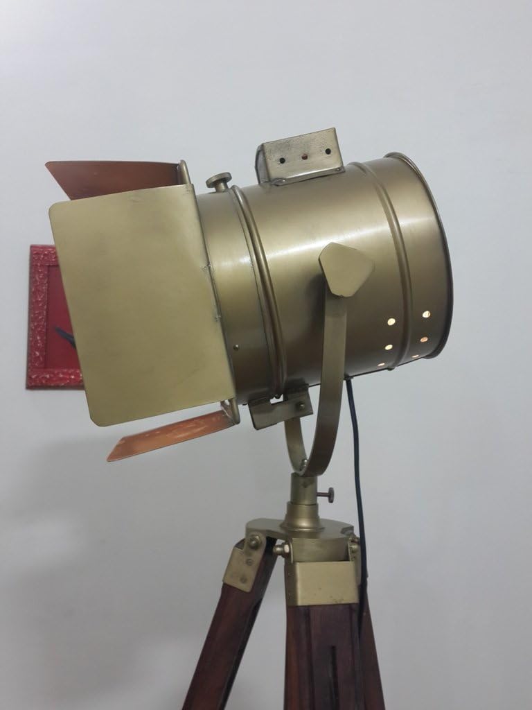 THOR INSTRUMENTS Antique Brass Finish Deco Search Light Studio Lamp Spot W/Antique Tripod Rustic Vintage Home Decor Gifts