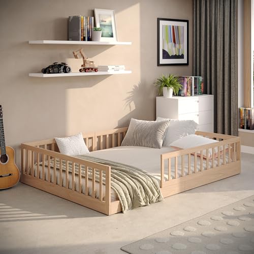CADANI Timi Lit au Sol 140x200 cm Lit Enfant Montessori avec Barrière de Sécurité et Sommier à Lattes, Bois Massif Pin, Naturel, 3 Variantes de Construction