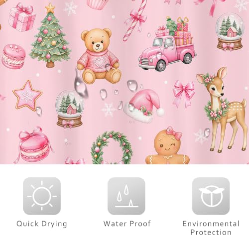 Image of Pink Christmas Shower Curtain Cute Gingerbread Deer Bear Bow Bathroom Decor