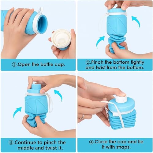 Image of 600ml Folding Silicone Water Bottle Sports Water Bottle Outdoor Travel Portable Water Bottle with Leak-Proof Lid Space-Saving Portable Bottle for Travel, Gym, Hiking, Camping (BLUE)