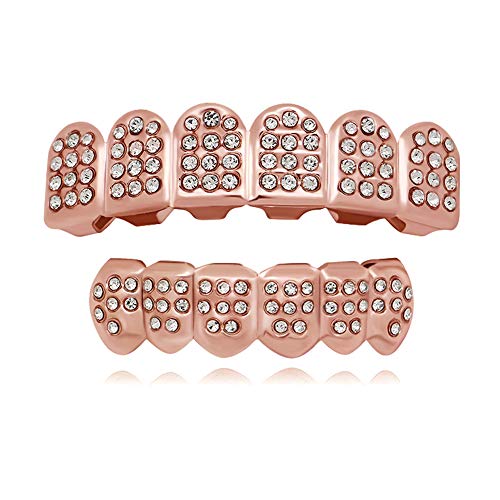 LuReen Rose Gold 6 Teeth Grillz Hip Hop Joker Diamond Top & Bottom Teeth Caps Grillz Set
