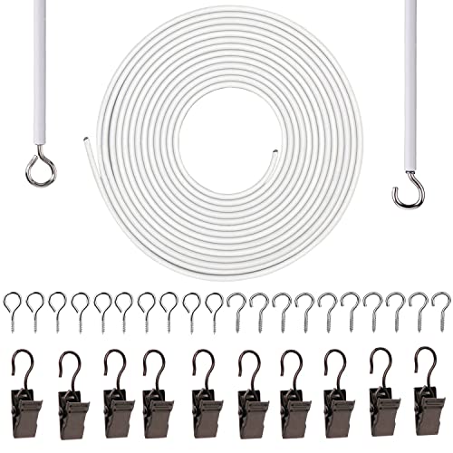 Curtain Wire 6 Meter White Plastic Coated Window Curtain Wire Wall Decor Picture Hanging Kit with 10 Curtain Clips 10 Pairs of Screw Eyes and Hooks for Net Curtain Rods Clothesline Hanging Decor
