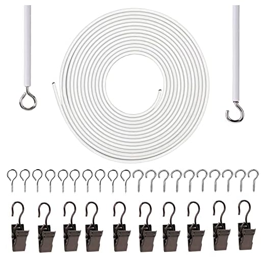 White Curtain Wire 6 Meter Wall Decor Picture Hanging Kit with 10 Curtain Clips 10 Pairs of Screw Eyes and Hooks for Net Curtain Rods