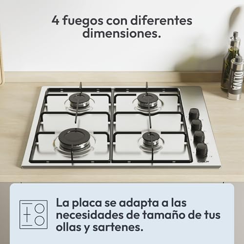 Miniatura 4 de Candy Idea CHW6LBX/4U2, Placa de Gas, 4 Fuegos, 60CM, Gas Natural Adaptable a Gas Butano, 7,2KW de Potencia, Mandos Independientes Laterales, 2 Rejillas, Sistema de Seguridad en Llama, Inox