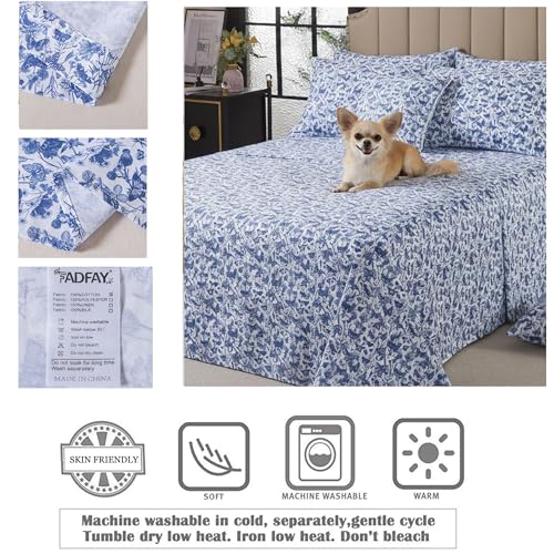 Image of FADFAY Blue Toile Sheets Set Cal King French Country Farmhouse Bedding Vintage Butterfly Floral Bedding 100% Egyptian Cotton Soft Sheet Set with Deep Pocket Fitted Sheet 4Pcs, California King Size