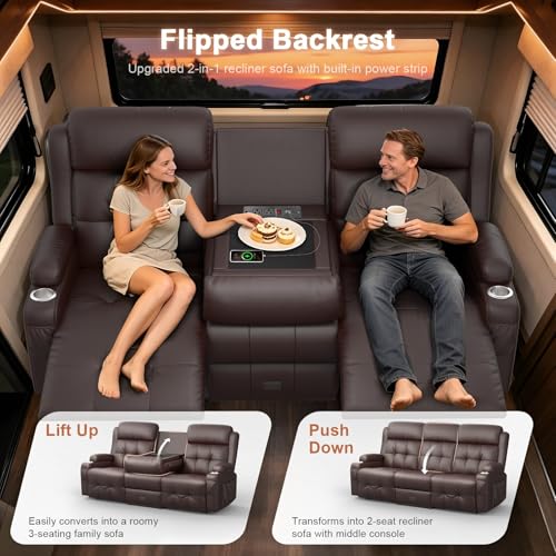 Image of Home Theater Seating, 3 Seat Power Recliner Sofa with Massage & Heat, Wall Hugger Reclining Loveseat with USB, RV Couch with LED Lights, Flip Backrest, Cup Holders for Movie Theater & Gaming Room