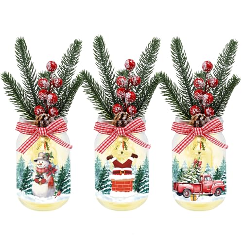 Paqisun 3 Pack Christmas Decorations Mason Jar with Lights for Christmas Table Centerpiece, Lighted Glass Bottles with Artificial Pine Picks Christmas Centerpieces Decor
